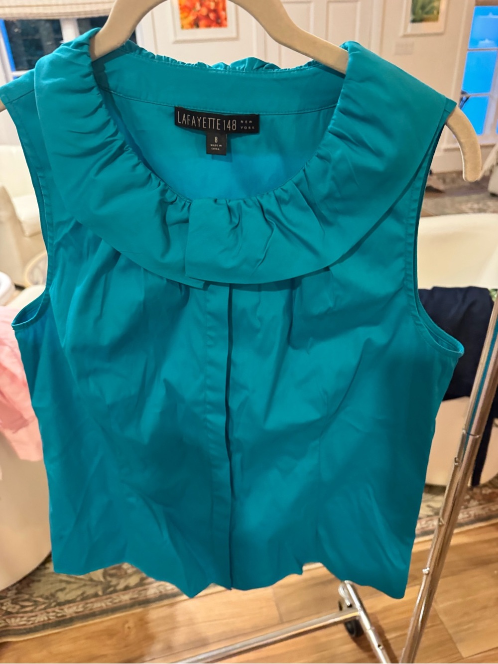 Lafayette 148 New York Teal Ruffled Collar Sleeveless Shell